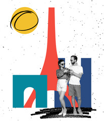 Contemporary art collage. Young couple drinking cocktails near beautiful city view. Travelling...