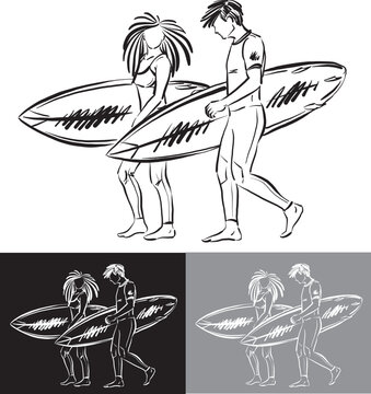 black and white grays surfers with surfboards summer sports concepts girl and boy man woman vector illustration