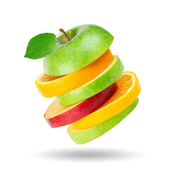 Fresh fruits. Stack of apple and orange slices isolated on transparent background. Png format