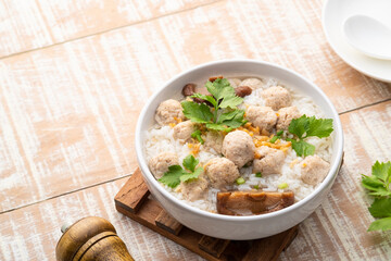 Boiled rice with chicken meatballs,Thai rice soup,Asian breakfast style