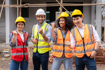 group civil engineers male female discuss inspect construction of houses in the village who responsible for exterior work build houses according standards to strong correct according designed designs