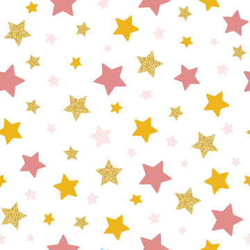 Colourful baby cute seamless star pattern for girls. Pattern in soft pink tones with sequins. Vector illustration.