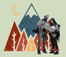 Contemporary art collage. Man annd woman, tourist with backpack on his back looking on map before mountain climbing