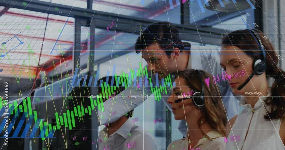 Poster animation of graphs and data processing over caucasian business colleagues in busy office