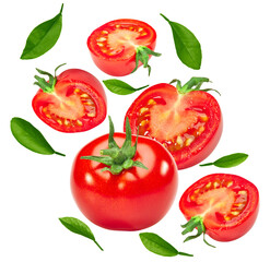 flying sliced fresh tomato with green leaves isolated on white background. clipping path