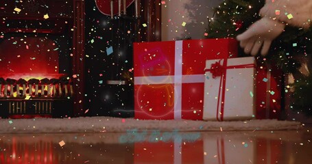 Animation of let it snow text and snowman in neon with confetti over christmas tree and presents - Powered by Adobe