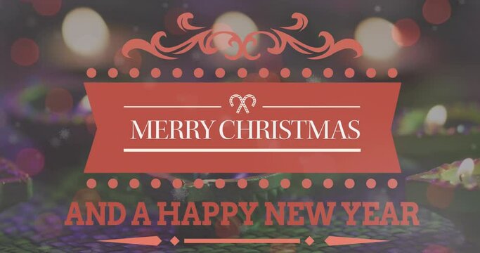 Animation of merry christmas and happy new year text in red and white over lit candles