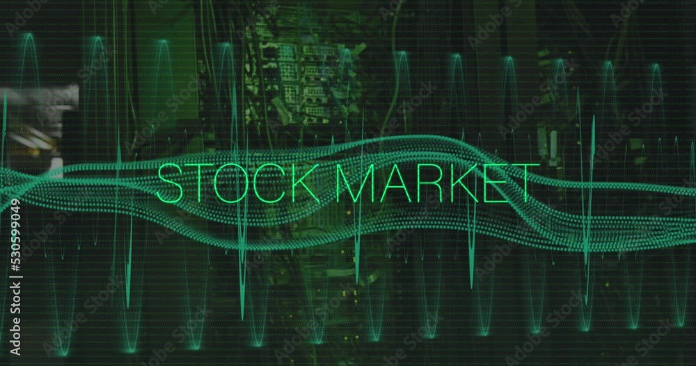 Poster animation of stock market text in green over network and data processing on black background