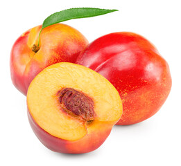Nectarine with green leaf and slices isolated on white background. clipping path