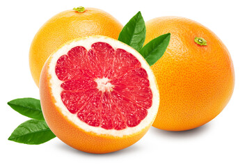 grapefruits with slices and green leaves isolated on white background. clipping path