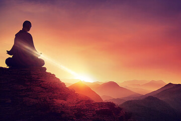Buddhist monk in meditation on top of a mountain during sunrise or sunset