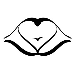 female lips with a heart shape and like a flying bird inside, black pattern on a white background