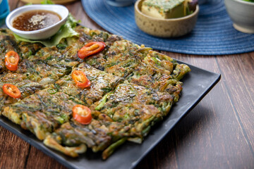 Seafood Pancake with Korean traditional style green onions and eggs