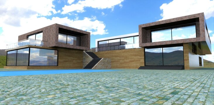 Cobbled area near the pool in front of a unique house built in a minimalist style. Great cloudy weather. 3d render.