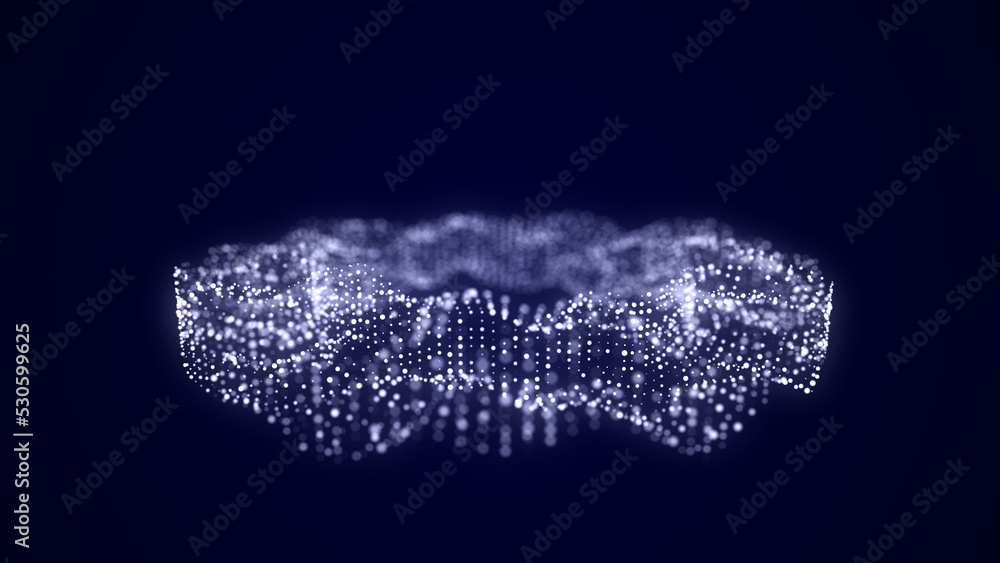 Poster Abstract blue cube with connecting dots and lines. Big data visualization. Blockchain technology concept. Wireframe network connection structure. 3d rendering.