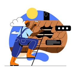 House renovation concept. Young male builder or craftsman repairing hole in roof and changing tiles. House exterior. Construction with tools. Cartoon flat vector illustration in doodle style