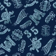 Vintage baseball badges and prints collection vector seamless pattern grunge effect in separate layer