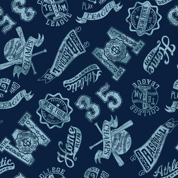 Vintage baseball badges and prints collection vector seamless pattern grunge effect in separate layer