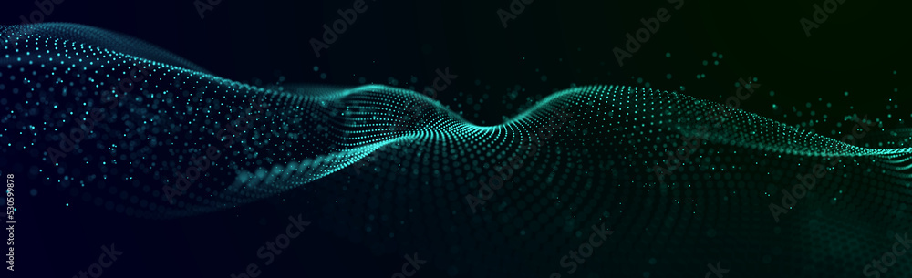 Poster abstract sound wave web banner. artificial intelligence expressed by moving particles. 3d rendering.