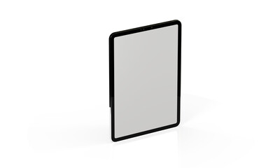 Modern tablet computer stand with blank screen isolated on white background