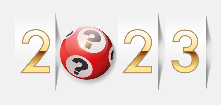 L’année 2023 sur le concept de la chance au jeu et de l’espoir de devenir riche, avec une boule de loto pour symboliser de hasard.