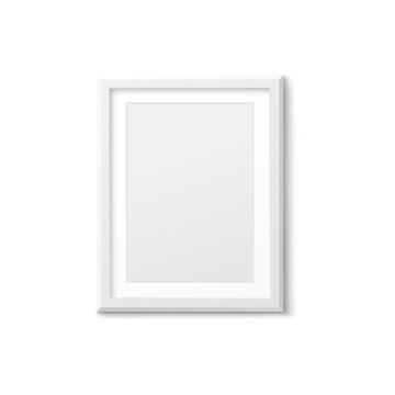 Blank white photo frame mockup on wall, realistic vector illustration isolated.