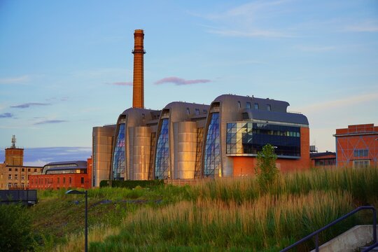 Complex buildings former EC1 (The power plant) after revitalization. Transformed into the  Science and Technology Center in Lodz  at sunset