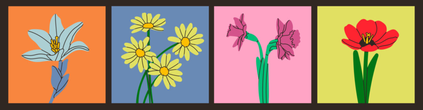 Various abstract flowers. Daffodils, poppy, lily, camomile. Side view. Hand drawn modern Vector set. Colorful trendy illustration. Floral design templates. All elements are isolated. Square icons