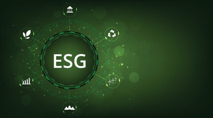  Environmental Social and Governance (ESG) concept.The company development of a nature conservation strategy and Solving environmental, social and management problems with figure icons. 