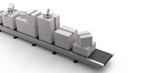 Fototapeta premium Airport luggage conveyor belt or manufacture line with cardboard boxes on white