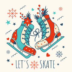 Cozy Vintage Сhristmas print with figure skates. Fun Retro Xmas Graphic Vector poster, card with winter sport concept and slogan 