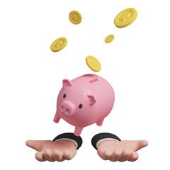 Pig piggy bank in the palm of hand. Money creative business concept. 3d design gold coins. Safe finance investment. Financial services. 3d render illustration.
