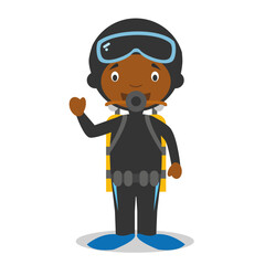 Cute cartoon vector illustration of a black or african american diver.