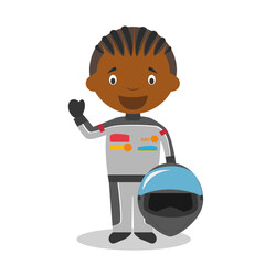 Cute cartoon vector illustration of a black or african american male race pilot. - 530603884