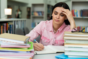 Fatigued tired student girl overworking on study project in library, thinking over problems with essay, sitting at table with a lot of opened books, holding head, feeling headache