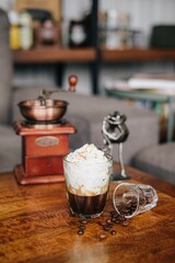 Chocolate cheesecake on white plate. on wooden top table background.