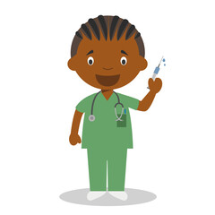 Cute cartoon vector illustration of a black or african american male nurse.