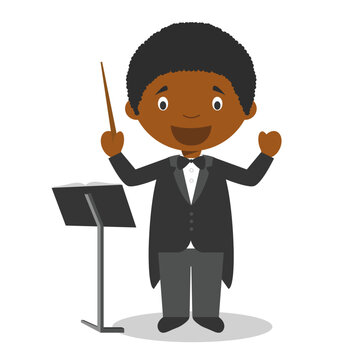 Cute cartoon vector illustration of a black or african american male orchestra director.