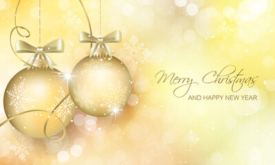 Fototapeta na wymiar Merry Christmas and Happy New Year. Christmas ball with ribbon on glittering gold background with stars and snow.