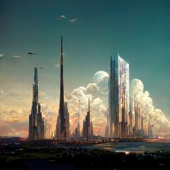 Futuristic city with blue sky and clouds