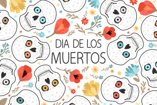 Poster for the day of the dead. Colorful cute illustration with skull and flowers in trendy colors.