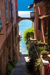 Small town street on lake Como coast in Italy