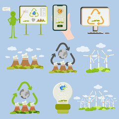 Green energy. Alternative energy. Recycling. Green Industrial Factory with Renewable Energy. Windmills. Flat cartoon vector illustration and icons set. Air pollution. Eco.