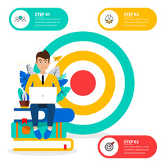 Infographic template. Dartboard with 3 steps and books