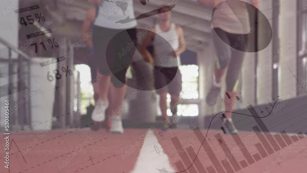 Poster animation of data processing over caucasian people running