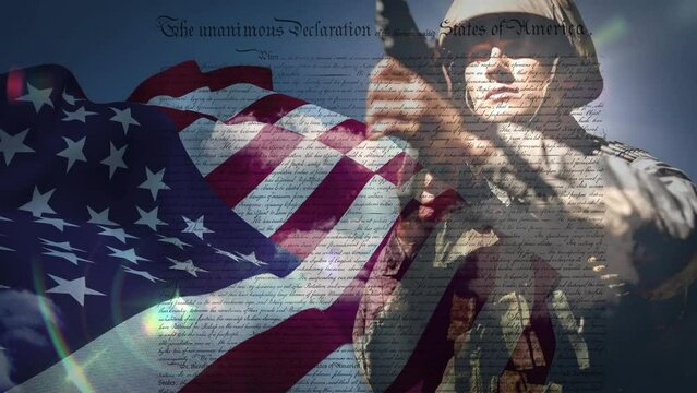 Animation of document over flag of usa and caucasian male soldier