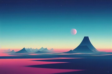 Illustration of a futuristic pink desert with the moon in the sky
