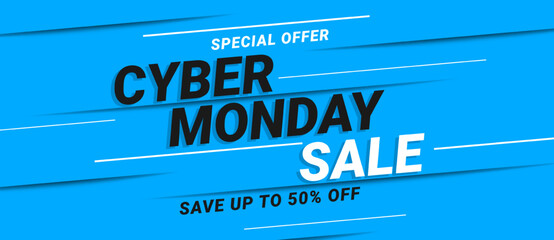 Obraz premium Cyber Monday sale banner background. Special offer 50% off on black background. Template design for poster, flyer, web banner, social media, advertising. Vector illustration 