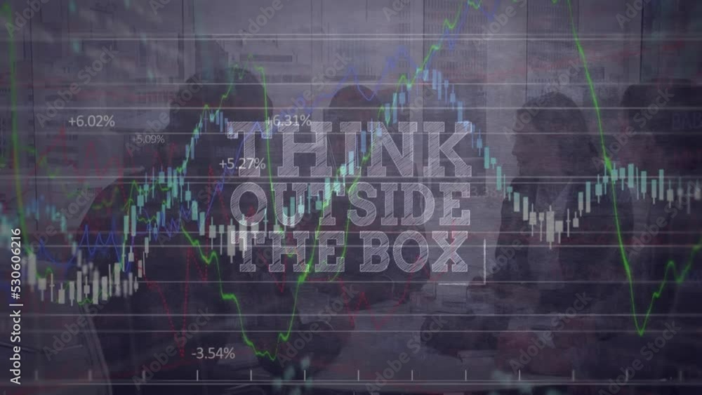 Poster animation of data processing and diverse business people over think outside the box text