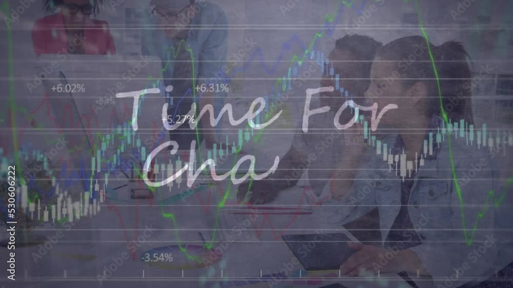 Poster animation of data processing and diverse business people over time for change text